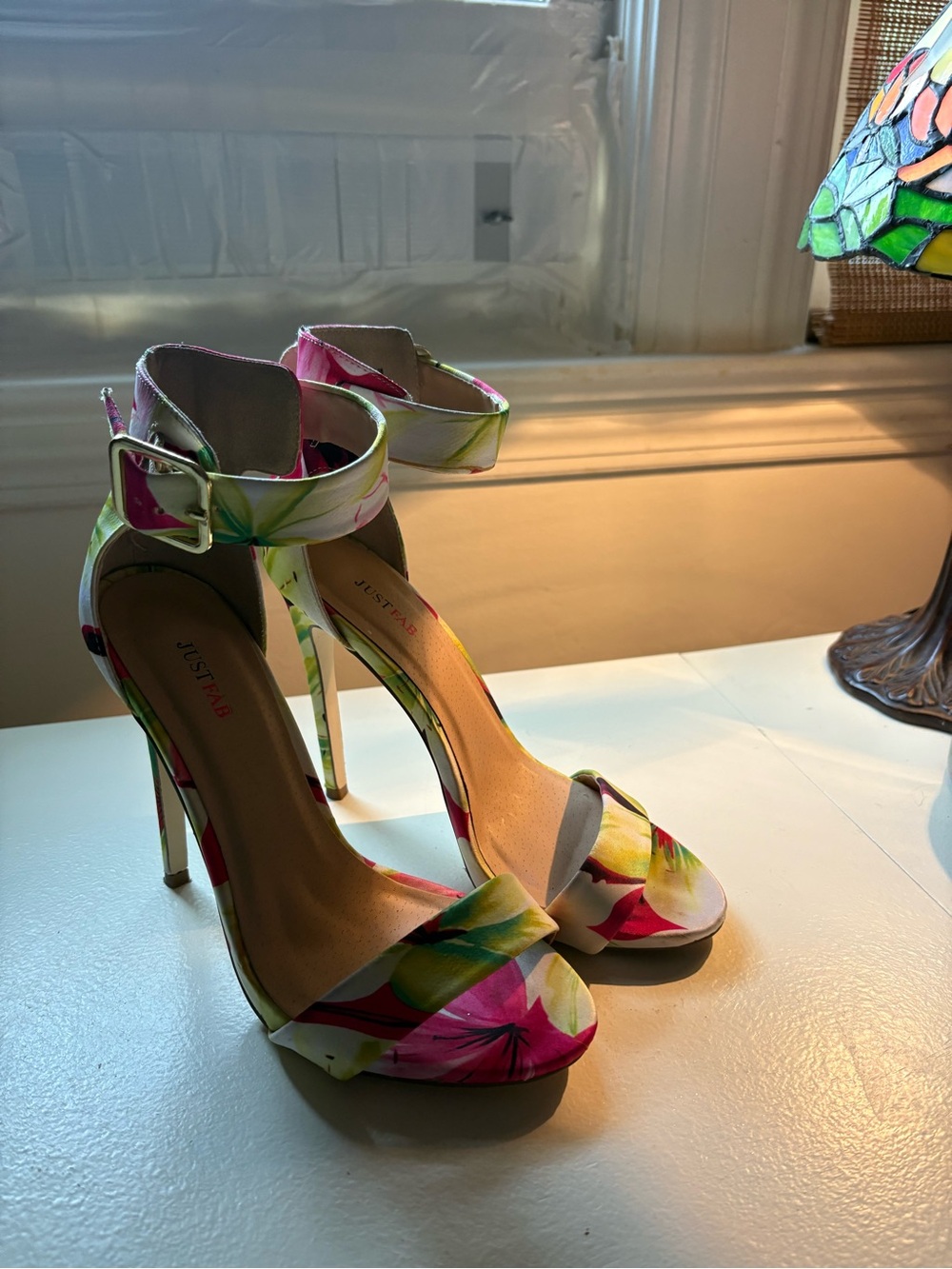 JustFab Floral Ankle-Strap Stiletto Heels in Pink, Green, Yellow